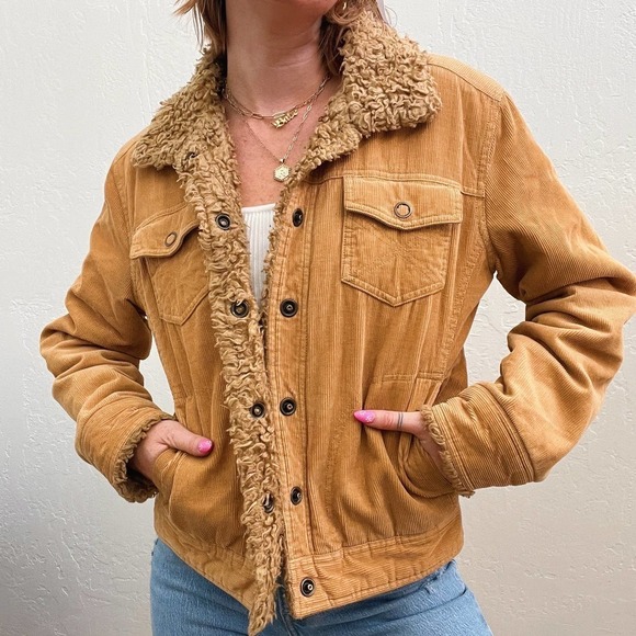 Vintage Y2K Tan Corduroy Fur Trim Button Up Jacket - Picture 4 of 6